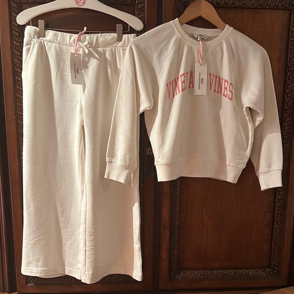 NEW Vineyard Vines Girls Fashion crew top,wide leg relaxed pants Cream Set ,S
